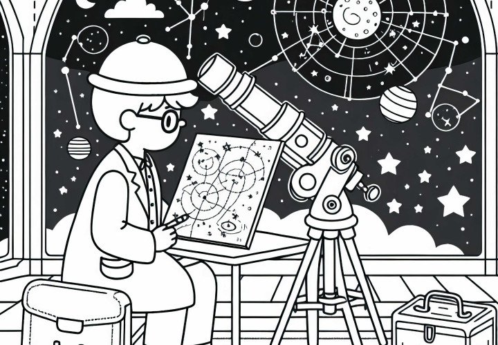 Astronom studiert Sternenkarten – Ausmalbild einfach kostenlos Astronom studiert Sternenkarten – Ausmalbild einfach kostenlos