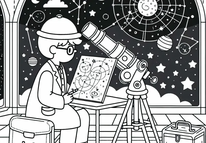 Astronom studiert Sternenkarten – Ausmalbild einfach kostenlos