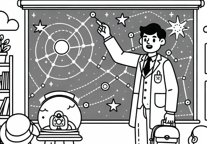 Astronom erklärt Sternbilder in einer Präsentation – Malvorlage gratis
