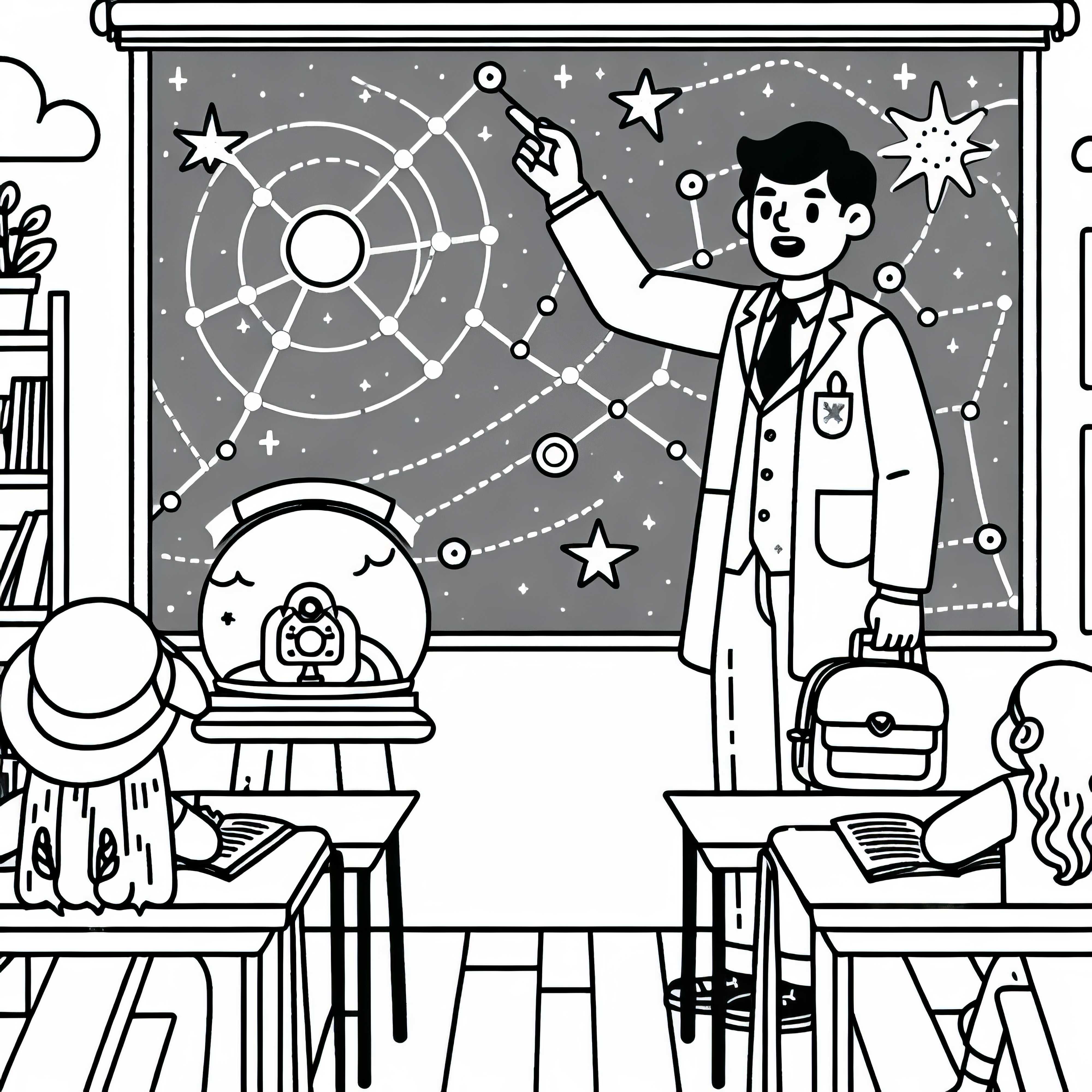 Astronom erklärt Sternbilder in einer Präsentation – Malvorlage gratis