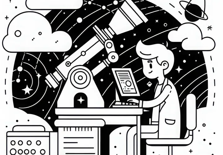 Astronom analysiert Daten aus Weltraumteleskop – Malvorlage kostenlos