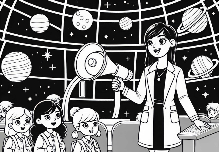 Astronomin leitet Führung durch Planetarium – Malvorlage kostenlos Astronomin leitet Führung durch Planetarium – Malvorlage kostenlos