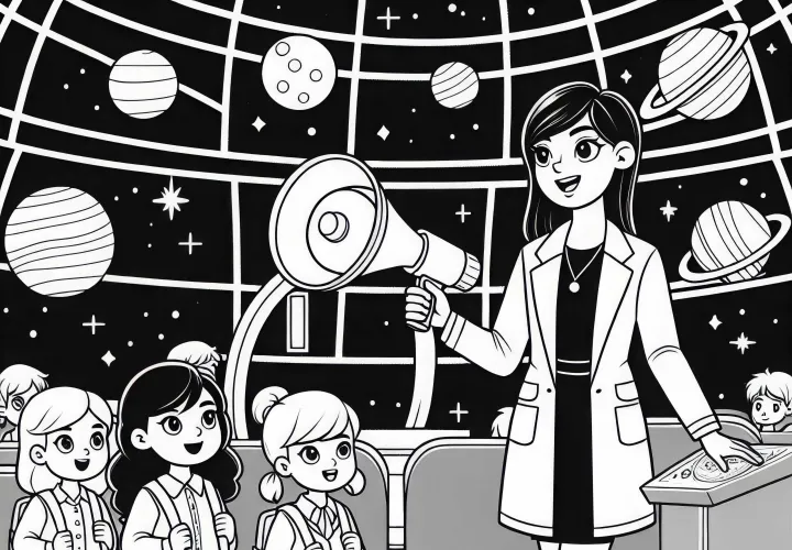 Astronomin leitet Führung durch Planetarium – Malvorlage kostenlos