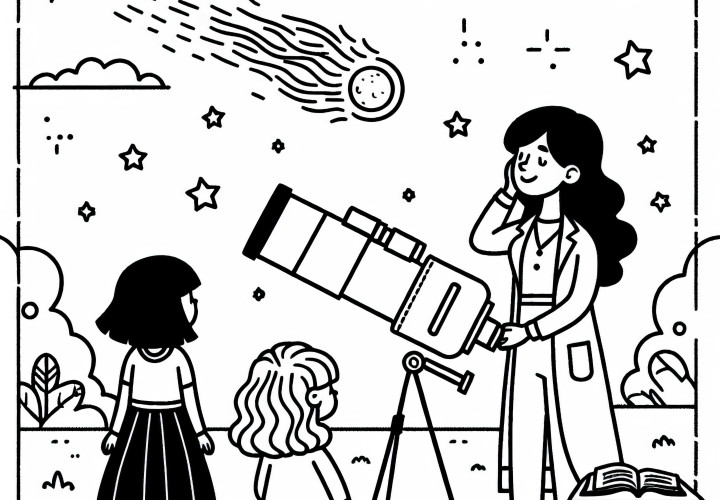 Astronomin entdeckt neuen Kometen - Ausmalbild gratis Astronomin entdeckt neuen Kometen - Ausmalbild gratis