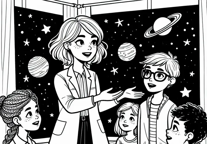 Astronomin spricht mit Schülern über das Universum – Ausmalbild kostenlos