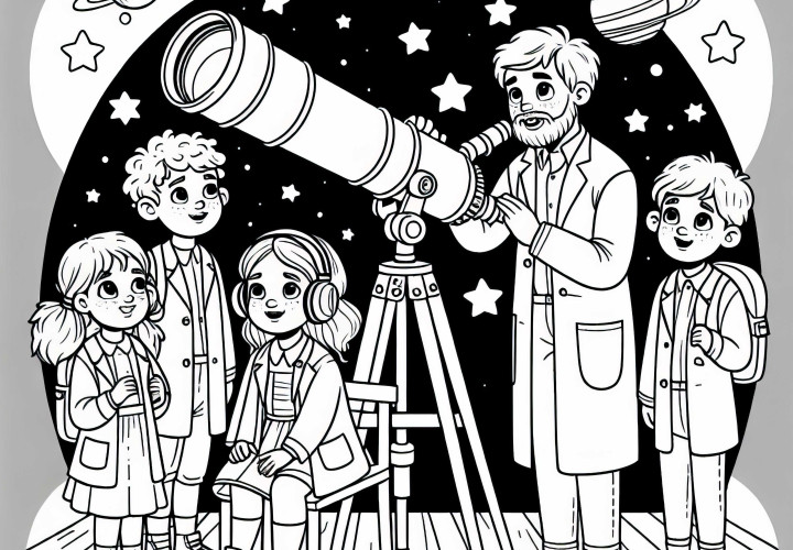 Kinder als Astronomen – Malvorlage zum Ausdrucken Kinder als Astronomen – Malvorlage zum Ausdrucken