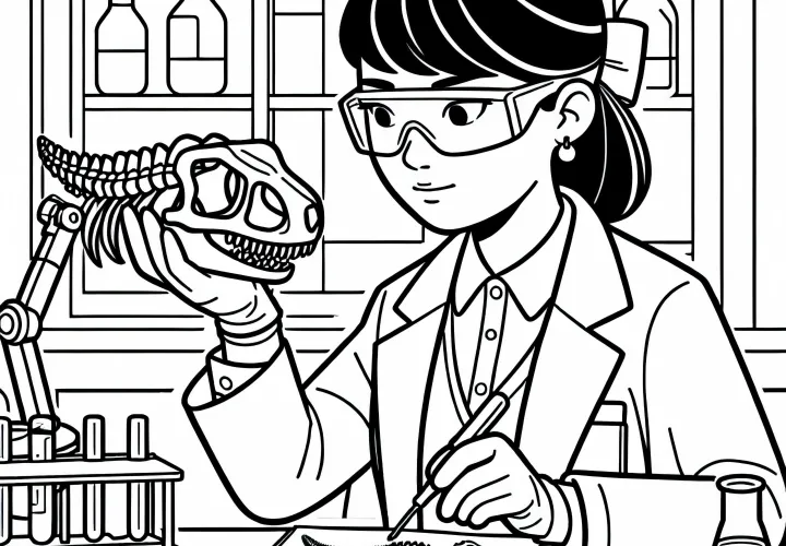 Geologin analysiert Fossil im Labor – Ausmalbild kostenlos