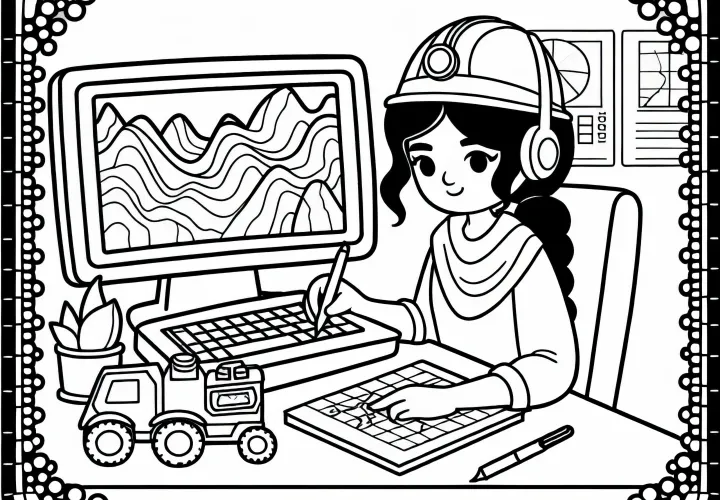 Geologin erstellt geologische Karte am Computer – Ausmalbild gratis