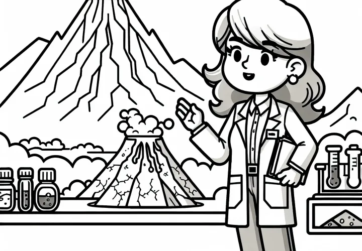 Geologin erklärt die Entstehung eines Vulkans – Malvorlage kostenlos