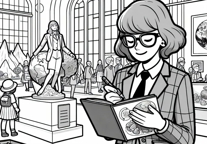 Geologin studiert Erdgeschichte in einer Ausstellung – Ausmalbild gratis