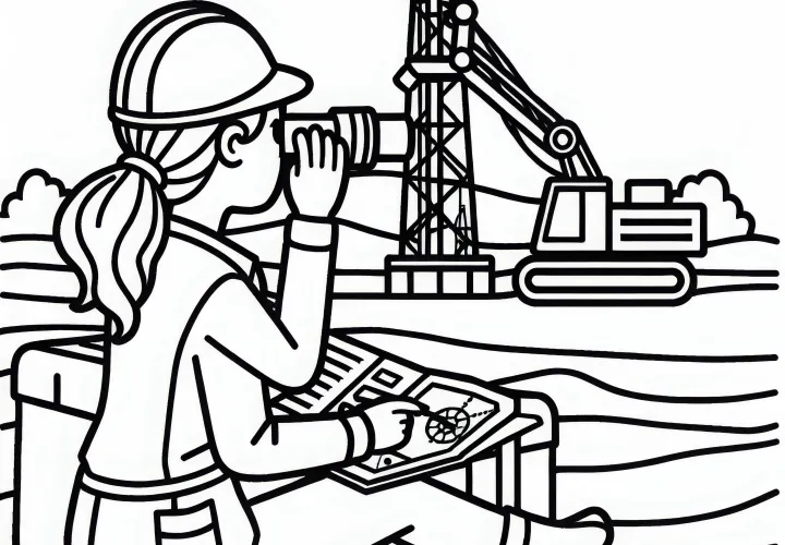 Geologin überwacht Bohrstelle für Öl – Malvorlage gratis