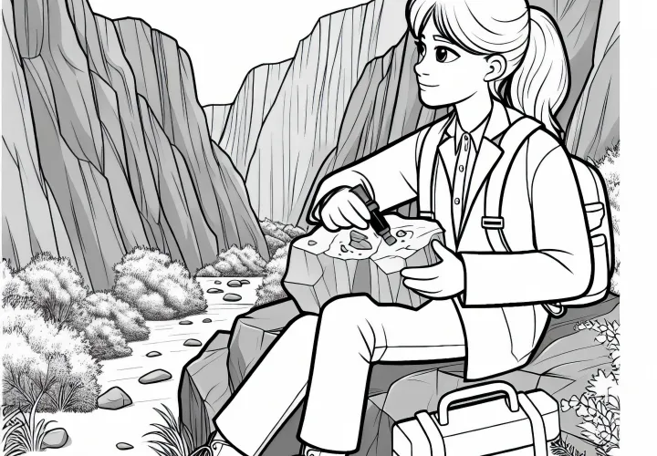 Geologin in der Schlucht nimmt Gesteinsproben – Malvorlage einfach gratis