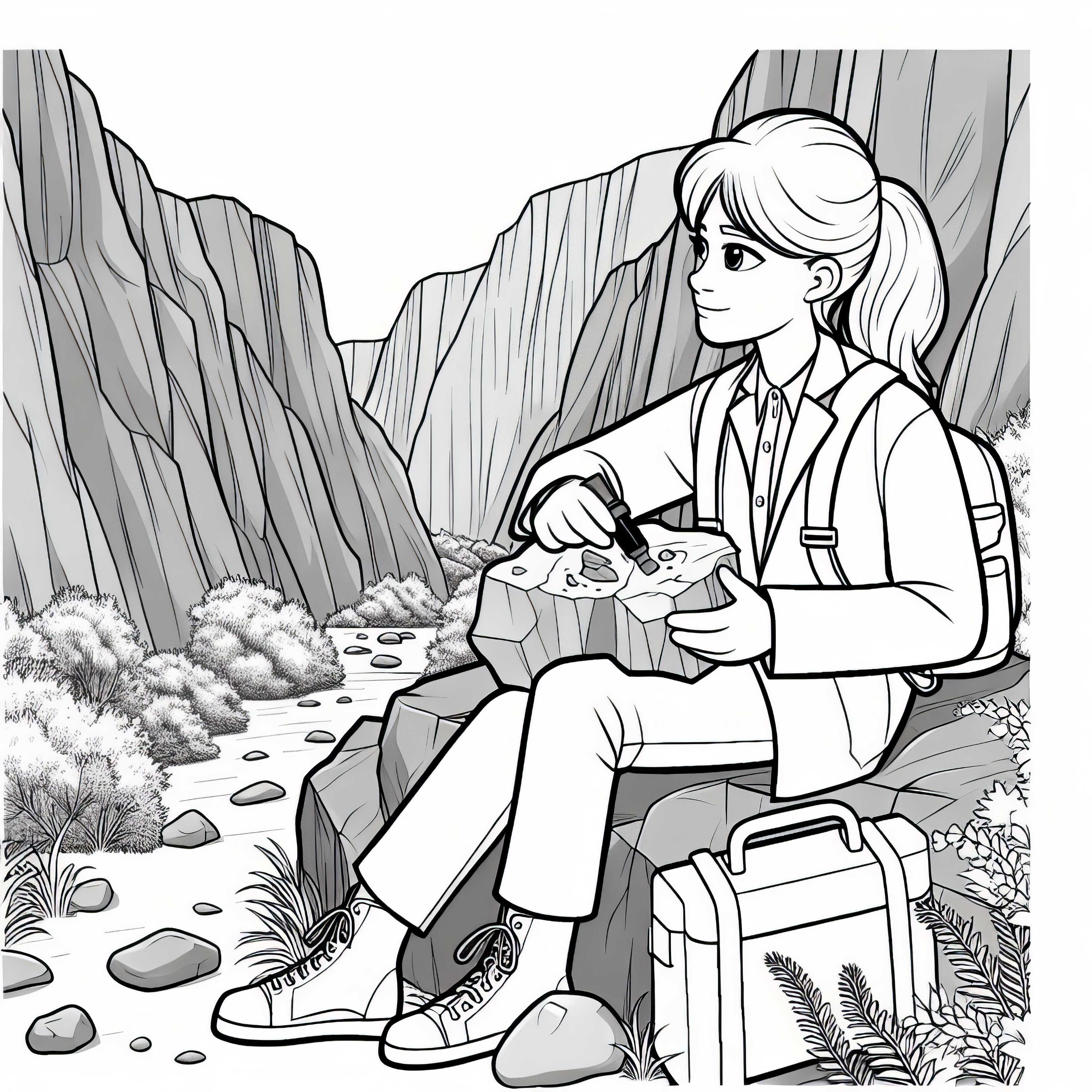 峡谷の地質学者が岩石標本を採取 – 簡単な塗り絵の無料テンプレート 渓谷の地質学者が岩石標本を採取 – 無料の塗り絵テンプレート