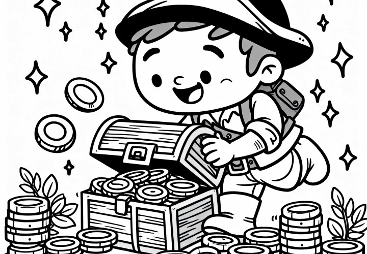 Buscador de tesoros encuentra cofre lleno de monedas - plantilla para colorear gratis
