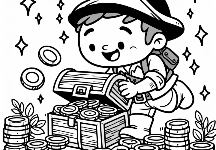 Buscador de tesoros encuentra cofre lleno de monedas - plantilla para colorear gratis