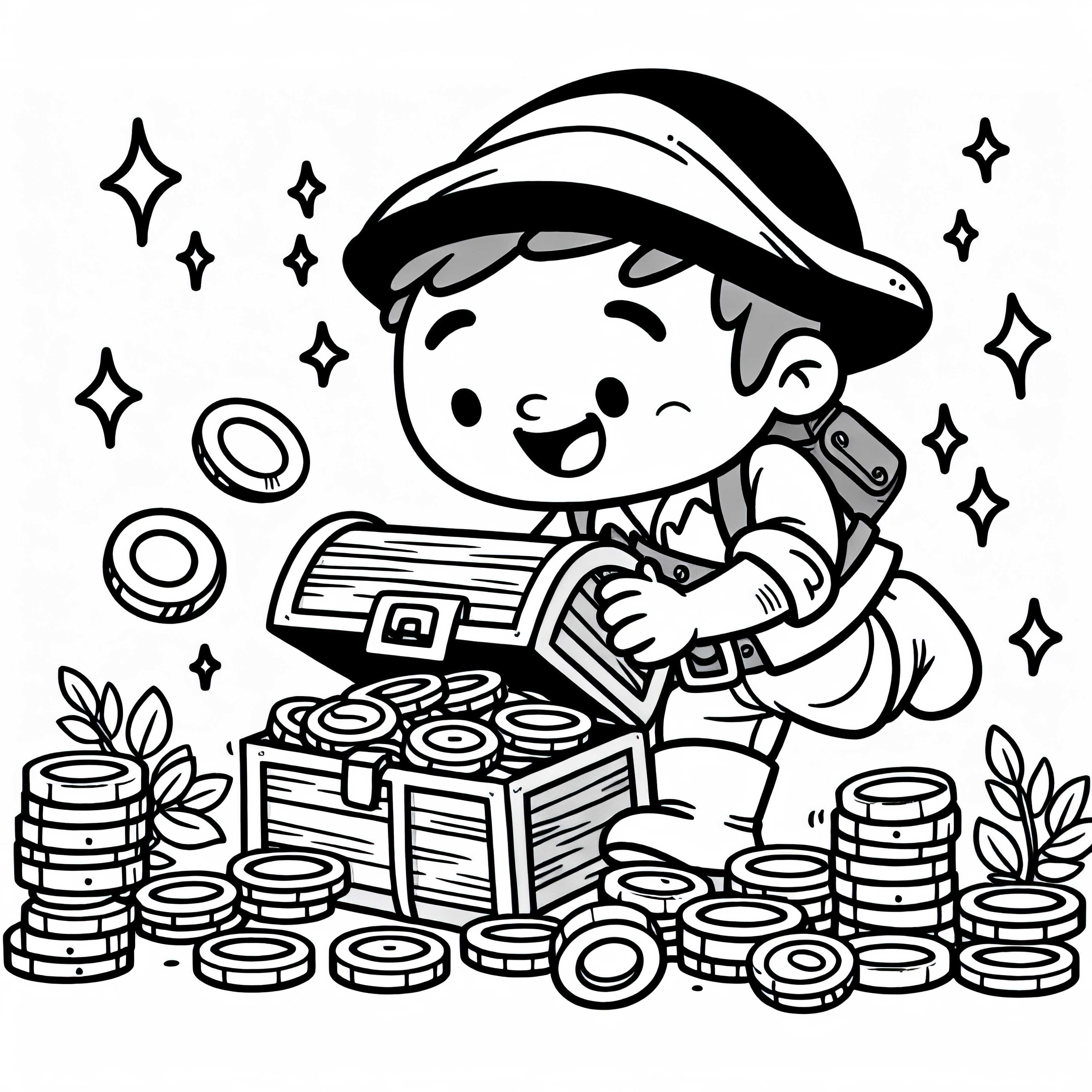 Buscador de tesoros encuentra un cofre lleno de monedas - Plantilla para colorear gratis