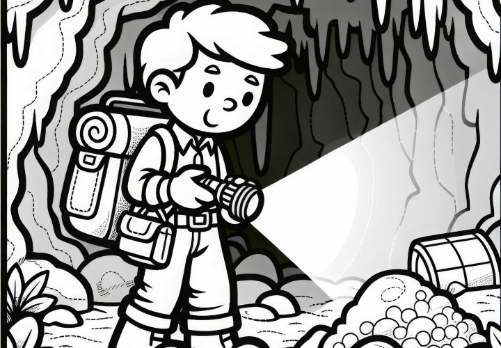 El buscador de tesoros investiga una cueva con una linterna - Plantilla de dibujo gratis