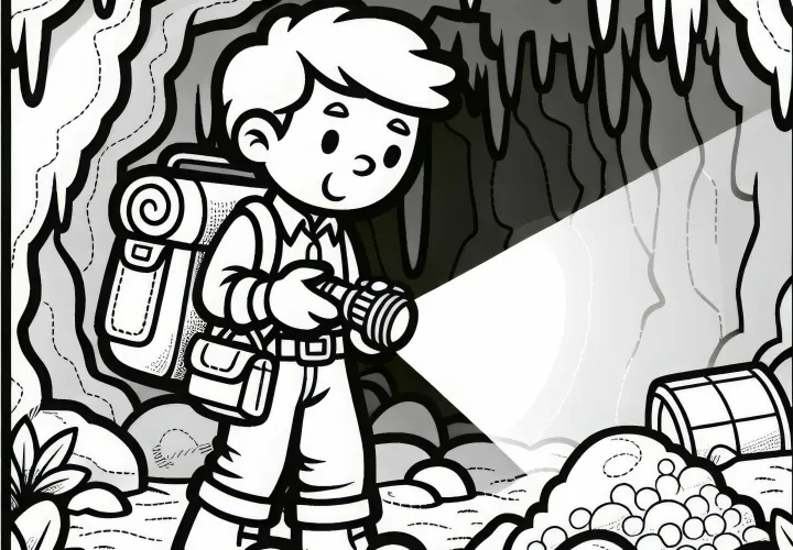 El buscador de tesoros investiga una cueva con una linterna - Plantilla de dibujo gratis