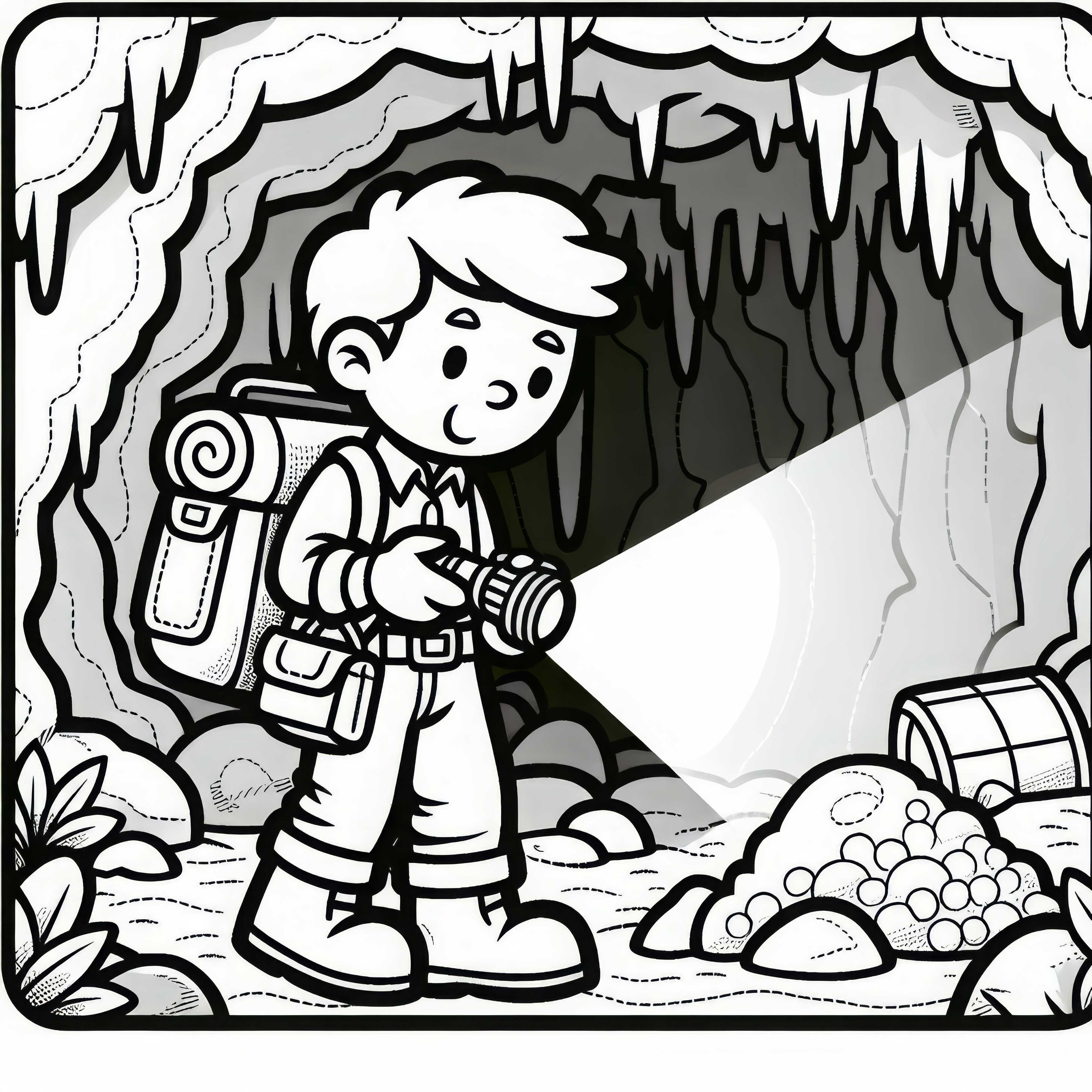 El buscador de tesoros explora una cueva con una linterna - Plantilla para colorear gratis