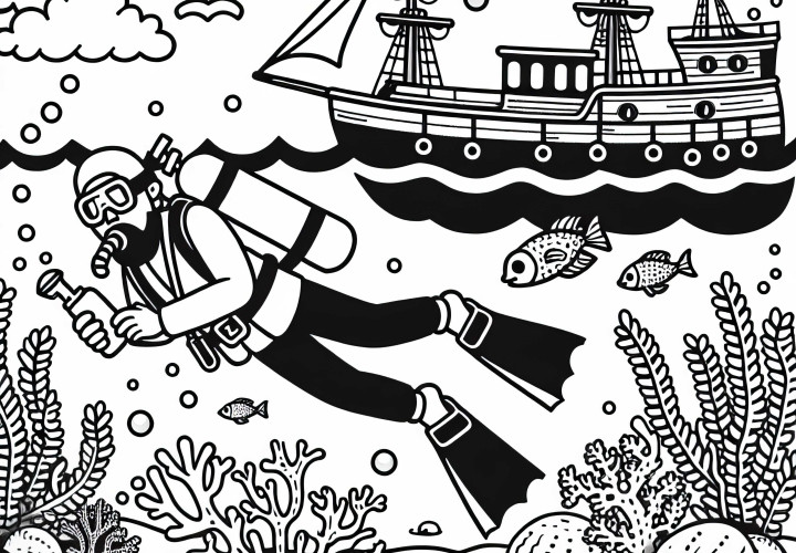 Buscador de tesoros emerge de un tesoro en el fondo del mar - Plantilla para colorear gratis