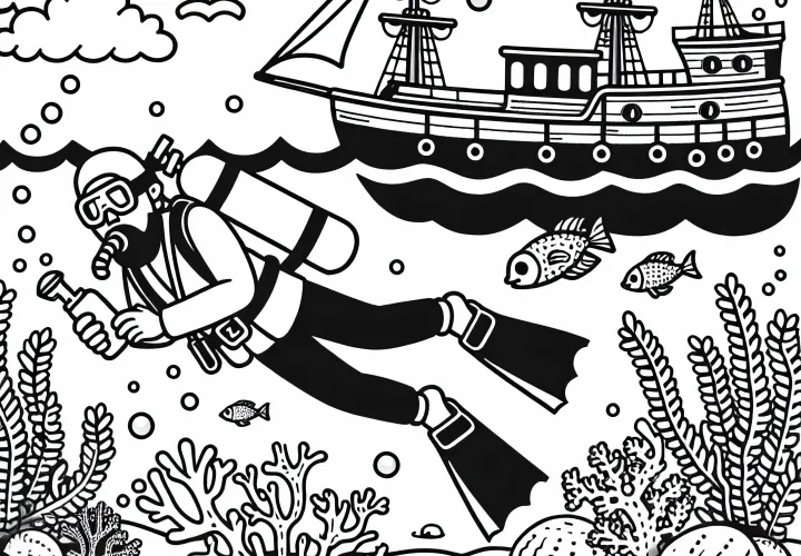 Buscador de tesoros emerge de un tesoro en el fondo del mar - Plantilla para colorear gratis