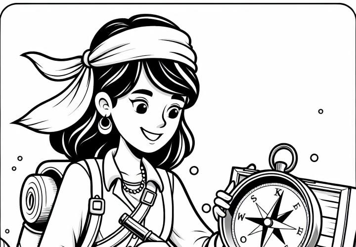 Buscadora de tesoros navega con brújula - Dibujo para colorear gratis Buscadora de tesoros navega con brújula - Imagen para colorear gratis