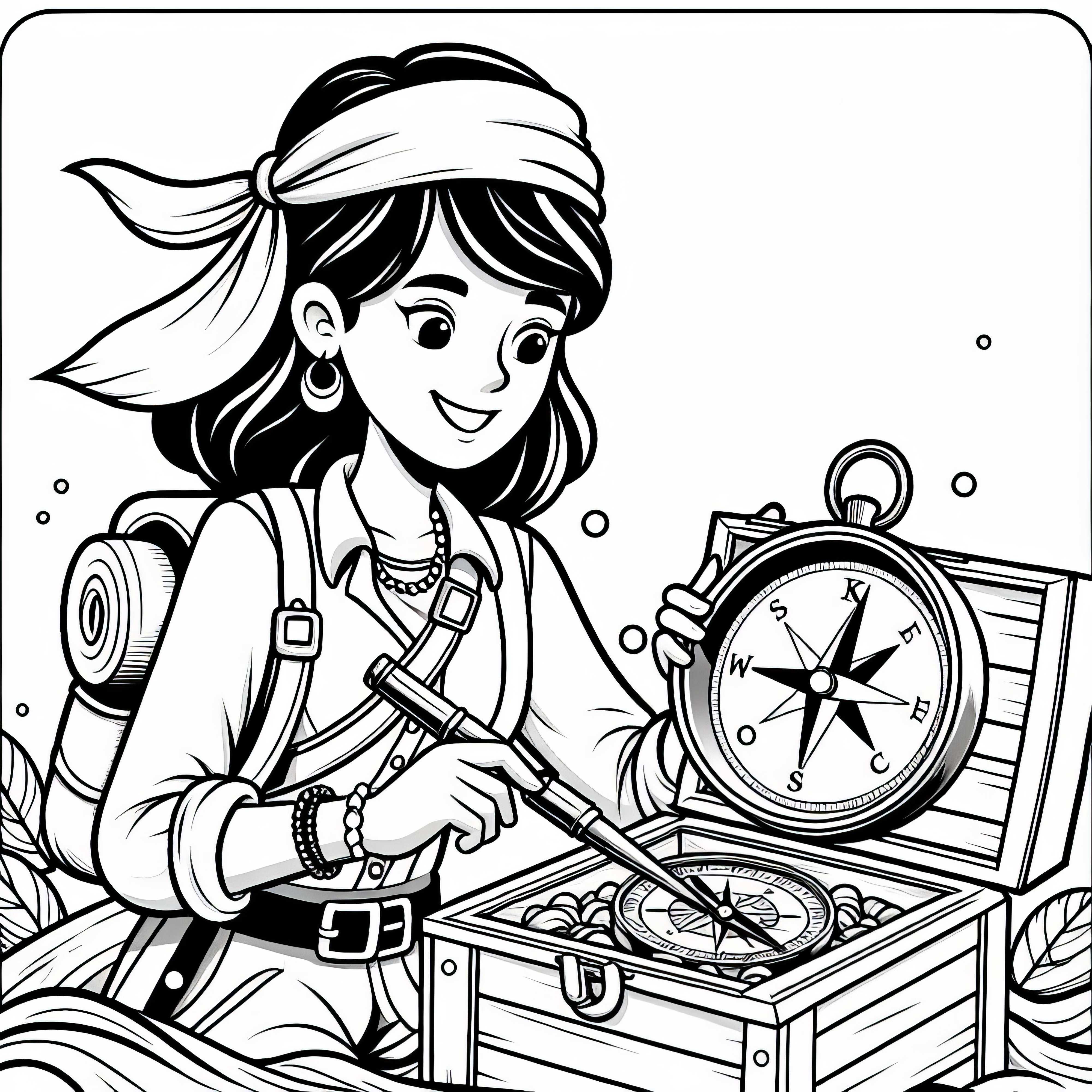 Buscadora de tesoros navega con brújula - Dibujo para colorear gratis