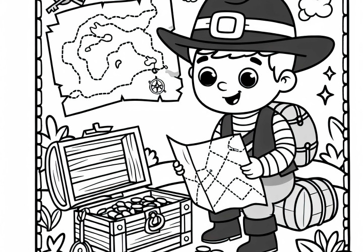Buscador de tesoros con mapa del tesoro - Dibujo para colorear gratis