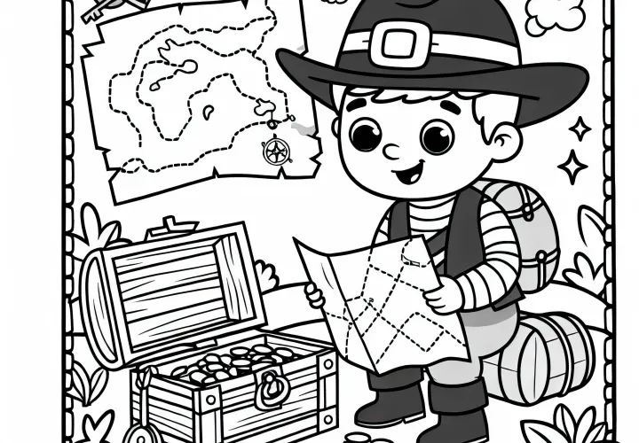 Buscador de tesoros con mapa del tesoro - Dibujo para colorear gratis