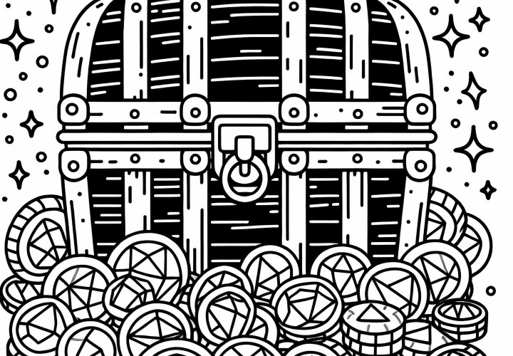 Cofre del tesoro con monedas y gemas - Descargar imagen para colorear gratis Cofre del tesoro con monedas y gemas - Descargar dibujo para colorear gratis