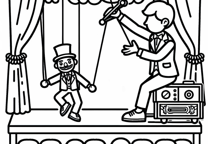 Puppenspieler bewegt Marionette auf Bühne – Ausmalbild einfach gratis Puppenspieler bewegt Marionette auf Bühne – Ausmalbild einfach gratis