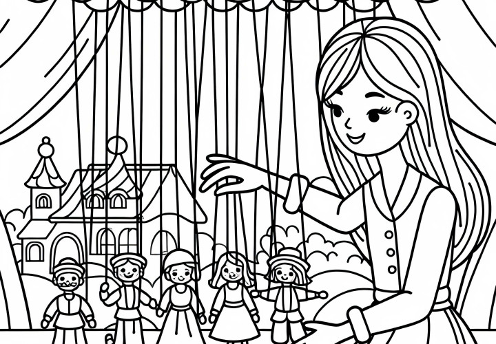 Puppenspielerin arrangiert Puppen: Malvorlage kostenlos Puppenspielerin arrangiert Puppen: Malvorlage kostenlos