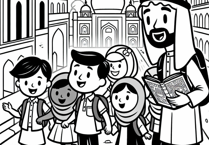 Guía turístico lleva al grupo a través de una ciudad histórica - Dibujo para colorear gratuito