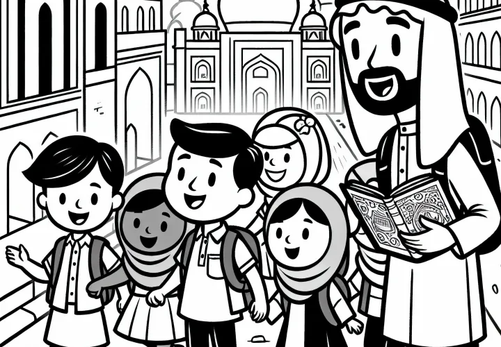 Reiseleiter führt Gruppe durch historische Stadt – Ausmalbild kostenlos