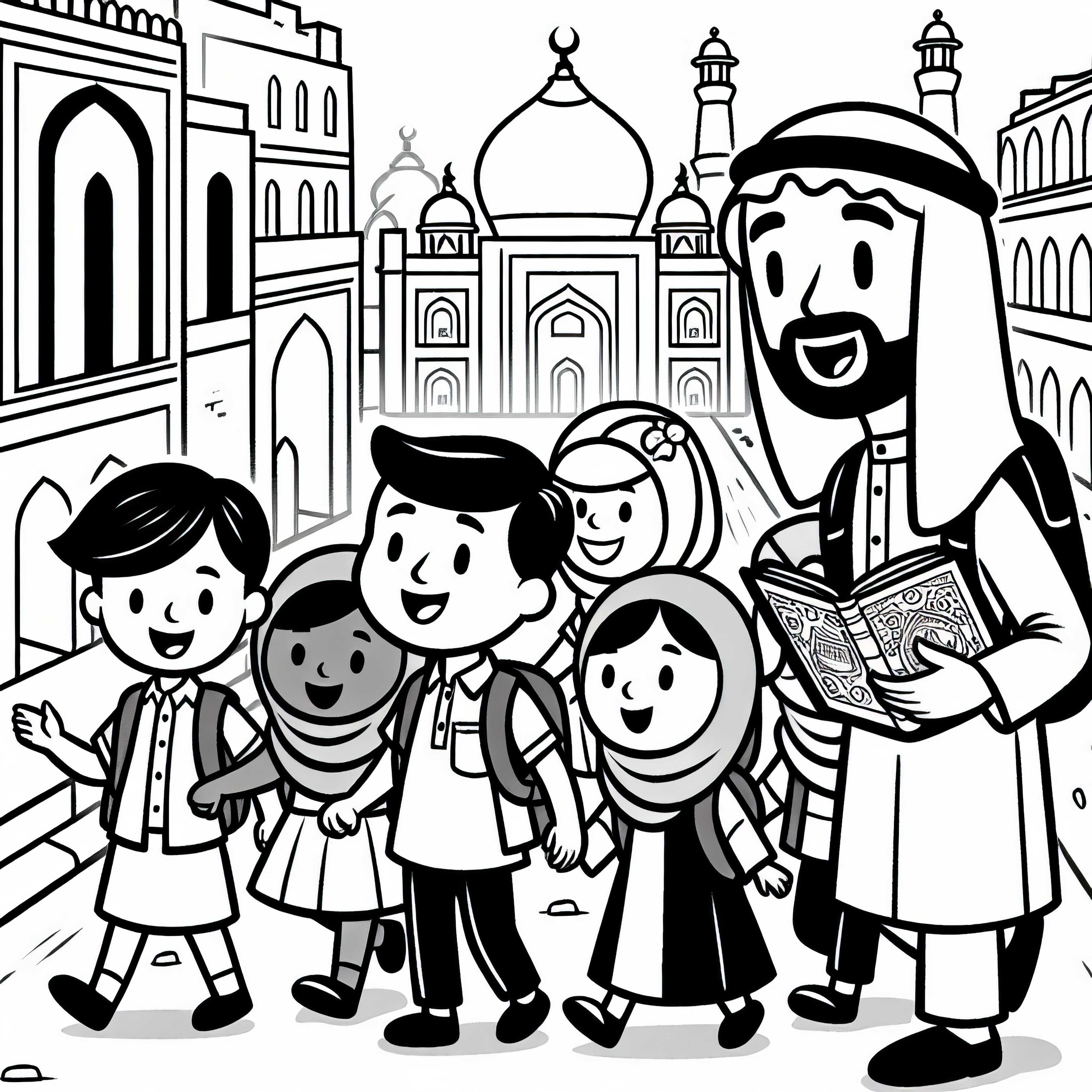 Guía turístico lleva al grupo a través de la ciudad histórica - Dibujo para colorear gratis