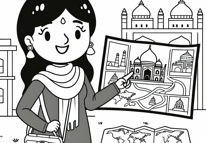 La guía turística muestra el mapa y explica la ruta – Dibujo para colorear gratis