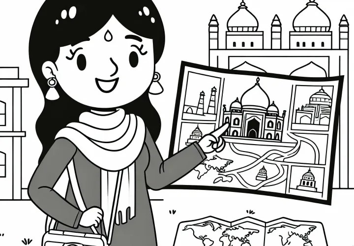 Reiseleiterin zeigt Karte und erklärt die Route – Ausmalbild kostenlos