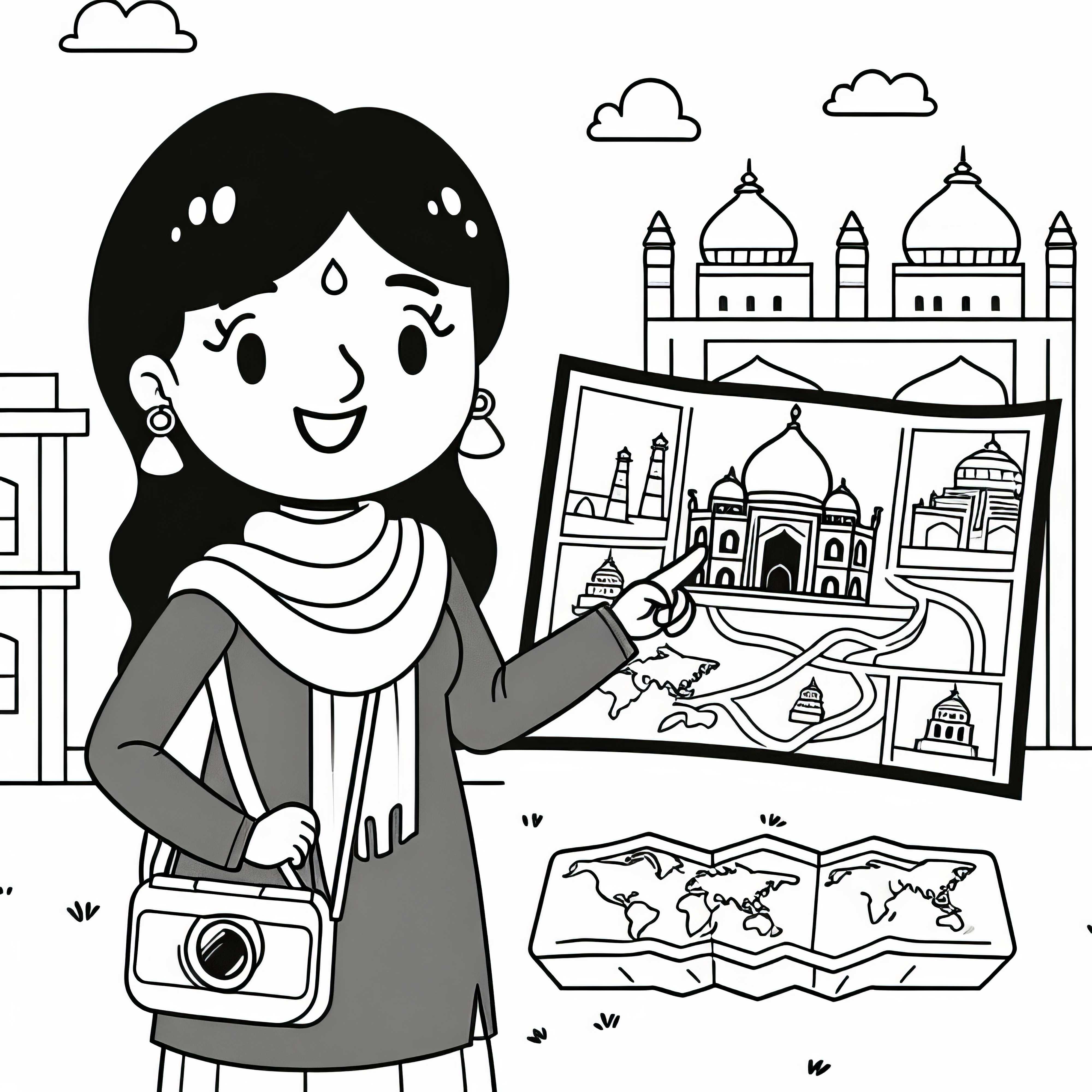 La guía turística muestra el mapa y explica la ruta – Dibujo para colorear gratis