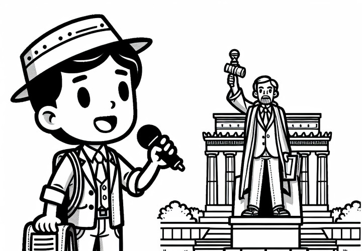 Guía turístico da una charla frente a un monumento - Dibujo para colorear gratis