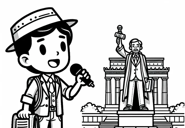 Reiseleiter hält Vortrag vor Denkmal – Ausmalbild Kostenlos