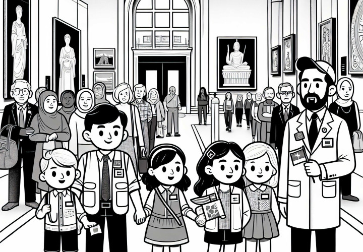 Guía turístico acompaña a turistas en el museo - Dibujo para colorear gratis