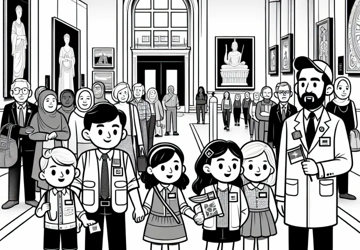 Reiseleiter begleitet Touristen im Museum – Ausmalbild kostenlos