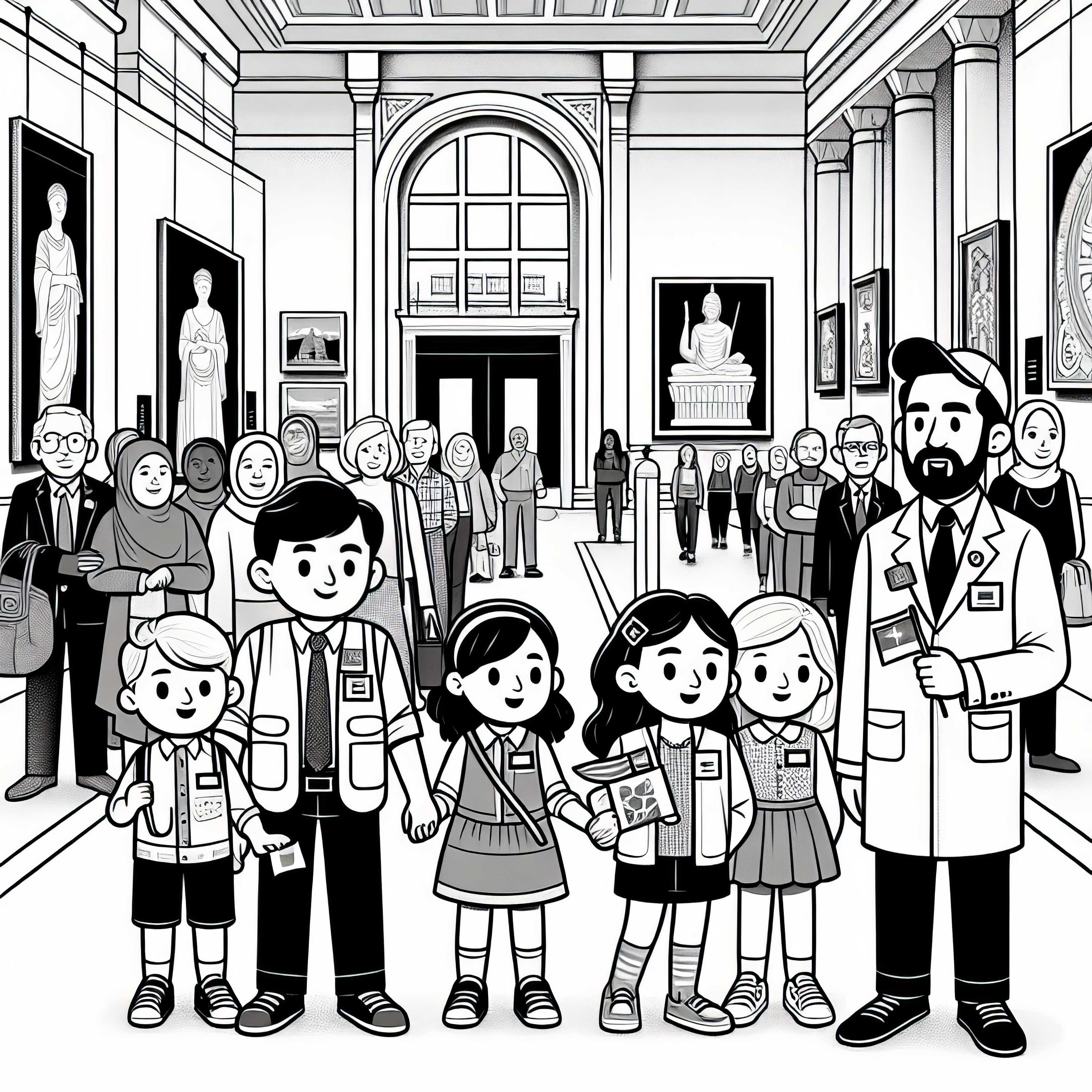 Guía acompaña a turistas en el museo - Imagen para colorear gratis