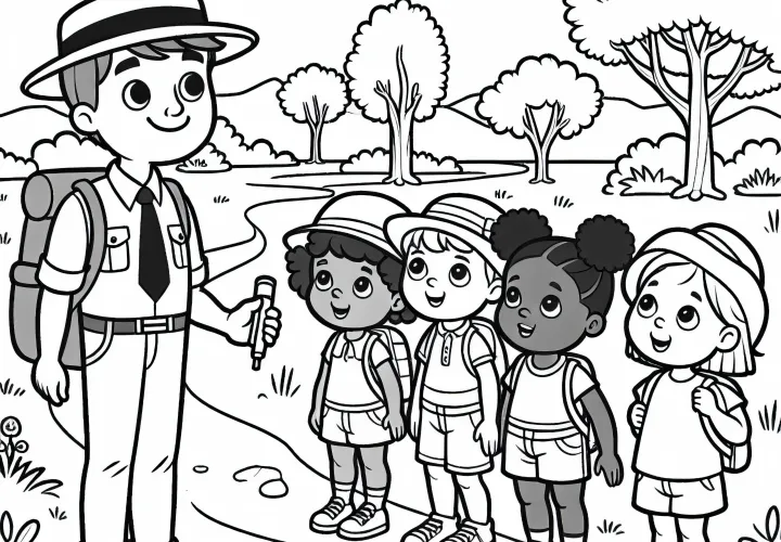 Reiseleiter zeigt einer Gruppe einen Wanderweg – Malvorlage gratis