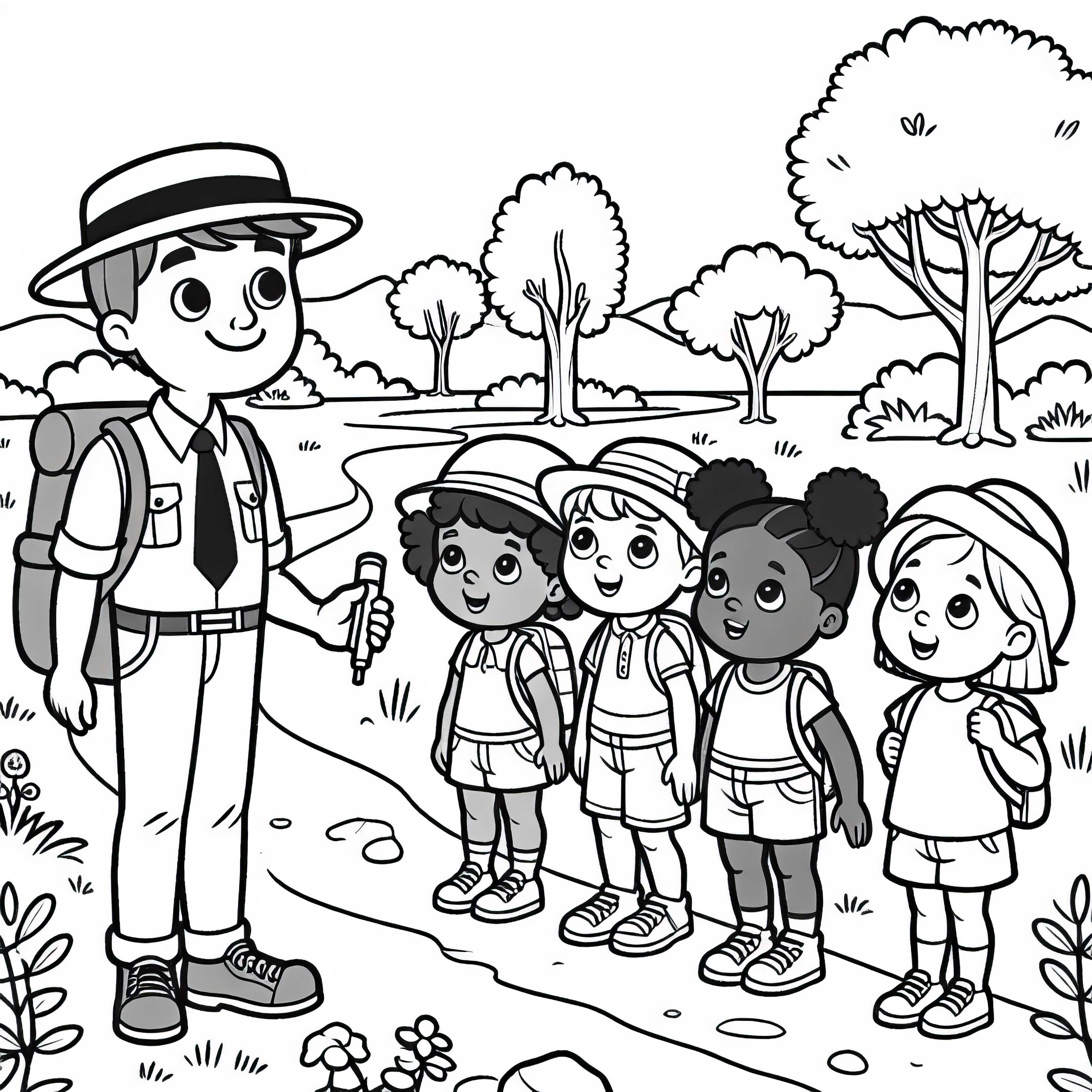 El guía turístico muestra a un grupo un sendero – plantilla para colorear gratis