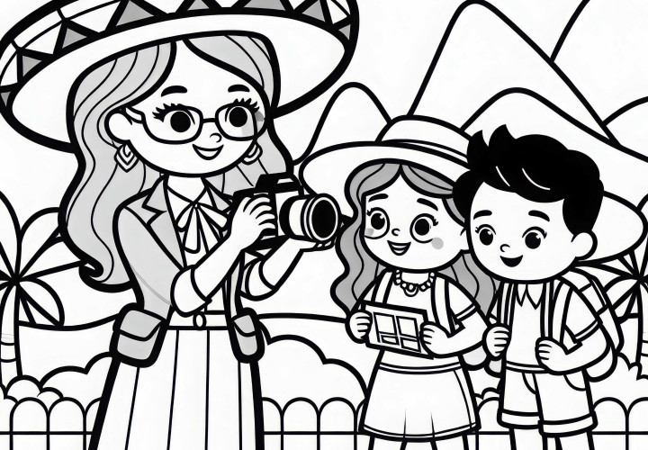 La guía turística ayuda a los turistas a tomar fotos - Dibujo para colorear gratis