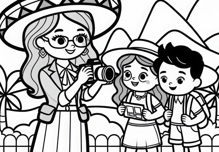 Reiseleiterin hilft Touristen, Fotos zu machen – Ausmalbild gratis