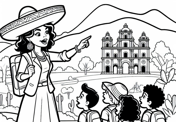 Guía turística explica peculiaridades culturales en un país extranjero - Dibujo para colorear gratuito