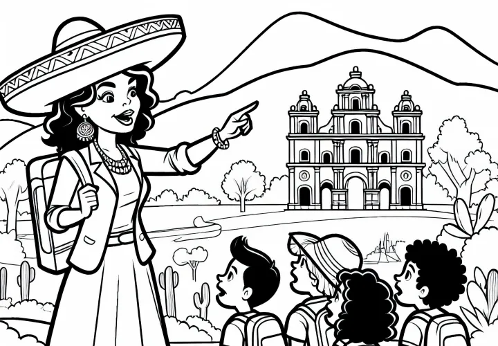 Reiseleiterin erklärt kulturelle Besonderheiten in einem fremden Land – Ausmalbild kostenlos