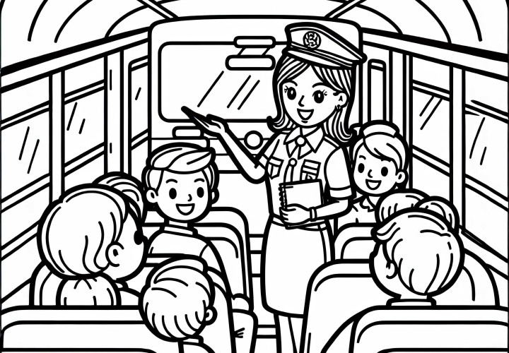 Guía de viajes coordina grupo en un autobús - Dibujos para colorear gratis
